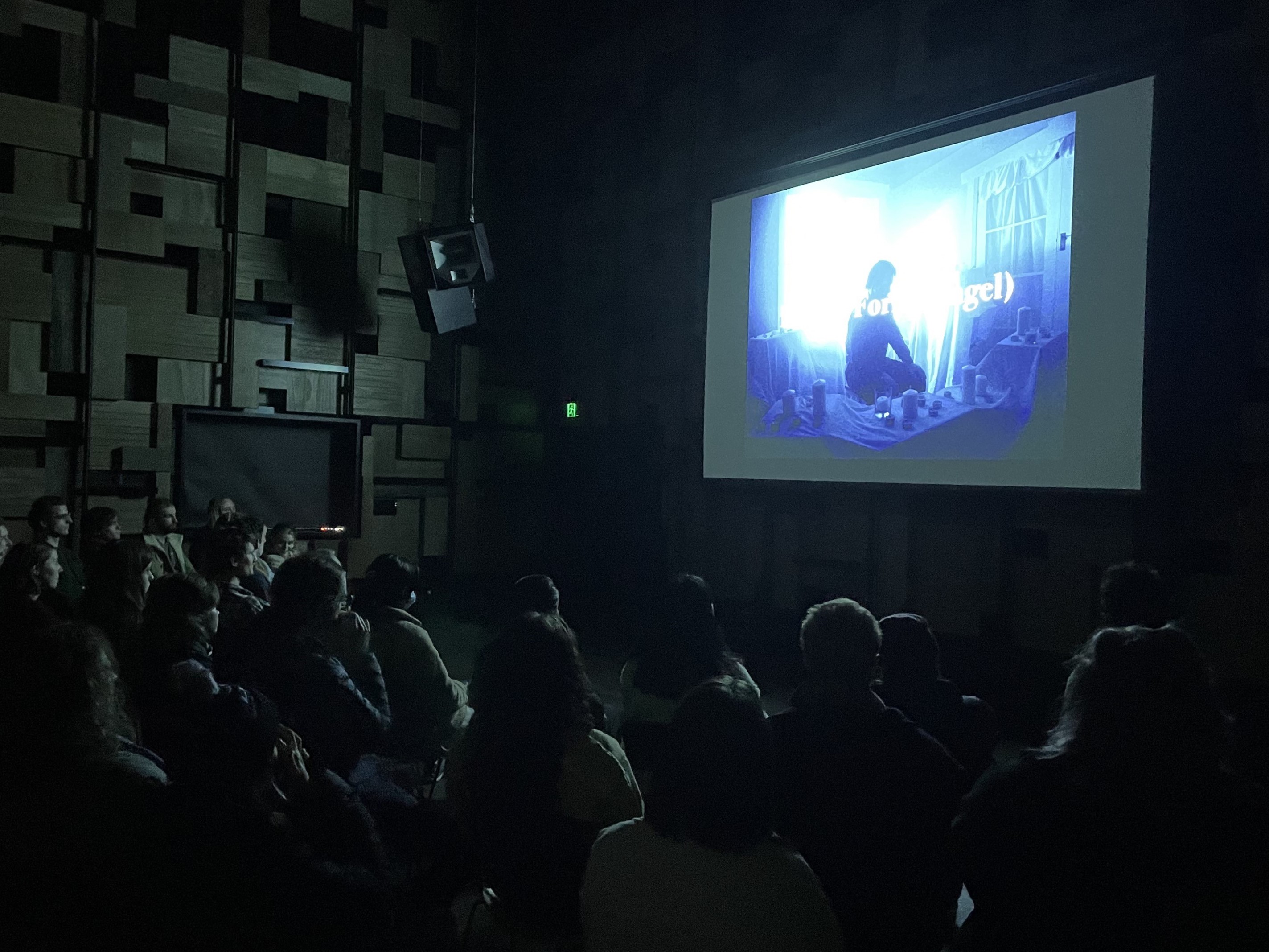 Students packed in to the Salon at the Hedberg to watch Sam's film.