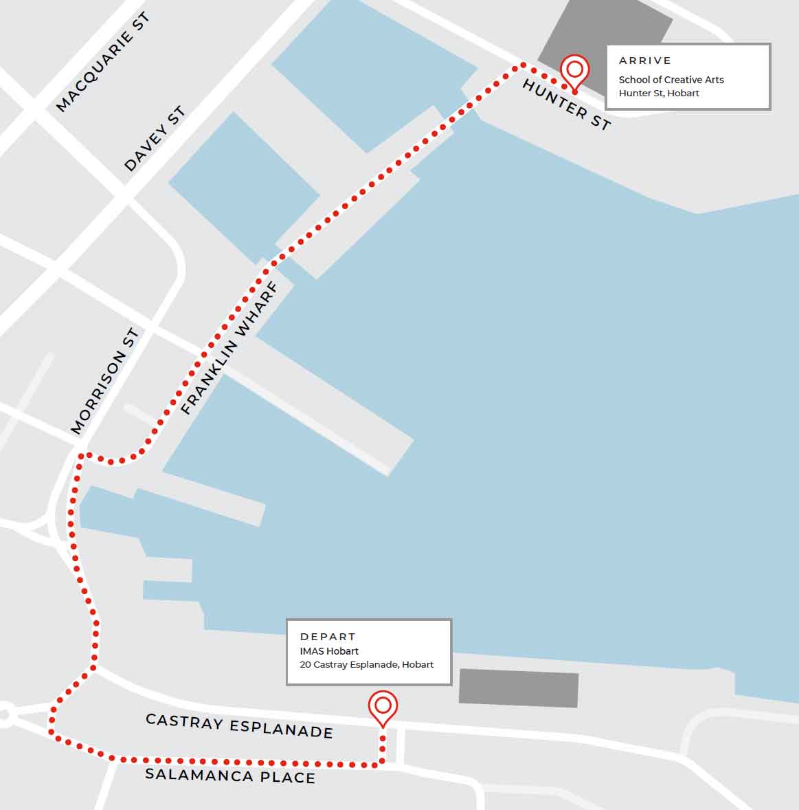 Hobart map showing a dotted route from Macquarie Hobart at 20 Castray Esplanade to the School of Creative Arts on Hunter St, passing through Davey St and Morrison St in Hobart.