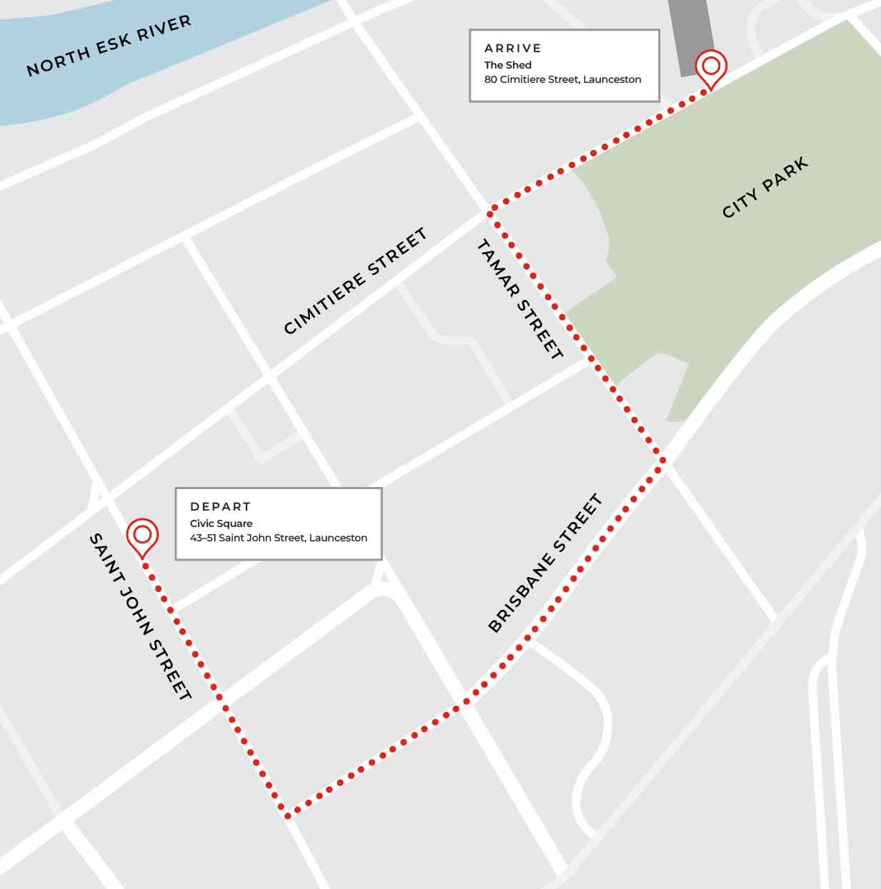 Launceston map map showing a route from Civic Square on St John Street to Inveresk Campus in Launceston, marked with a dotted red line passing through Cameron Street.