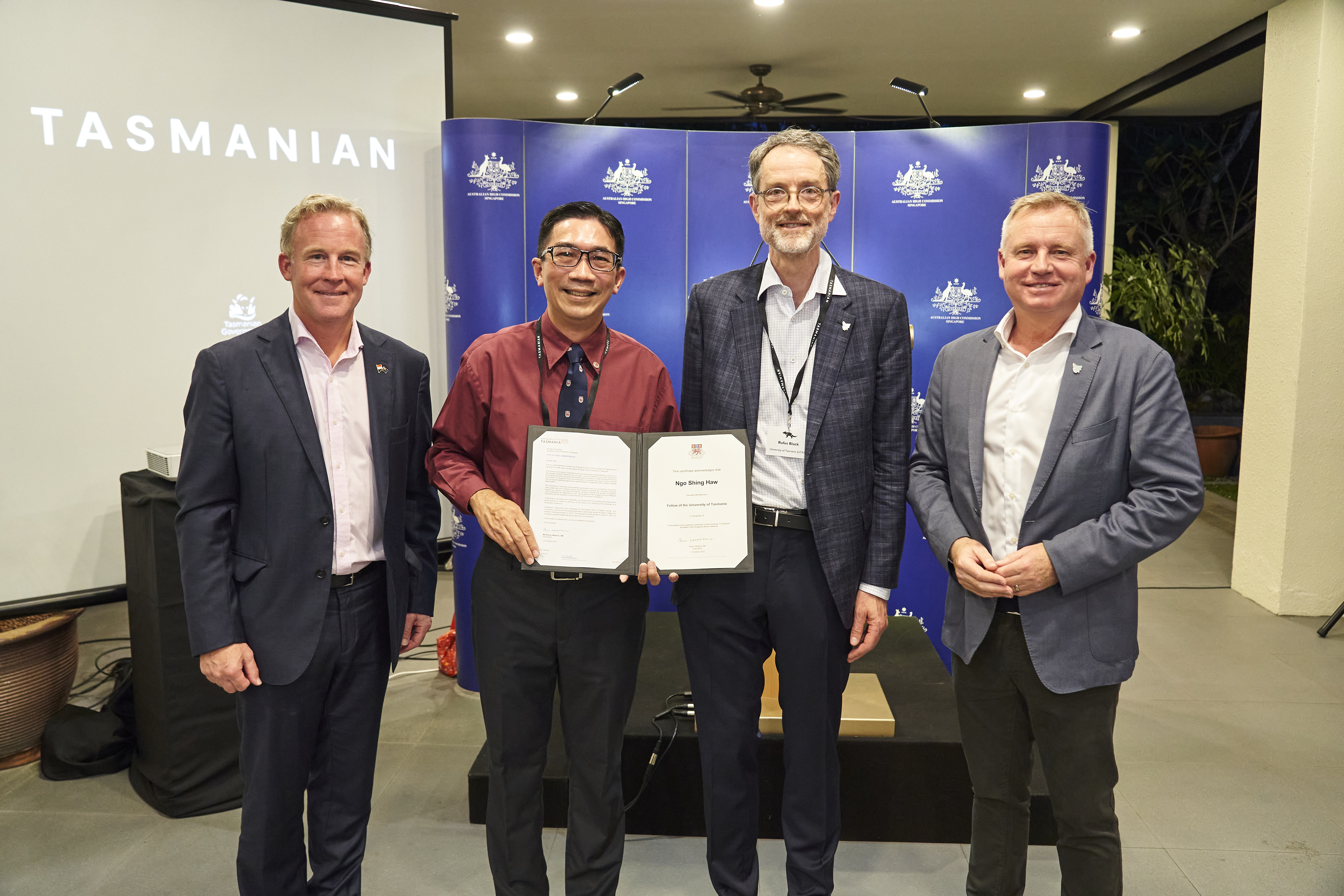 From left: The Hon Will Hodgman, Australian High Commissioner to Singapore; Richard Ngo; Professor Rufus Black, Vice-Chancellor; and The Hon Jeremy Rockliff, Premier of Tasmania, in Singapore at Richard’s appointment as a Fellow of the University.