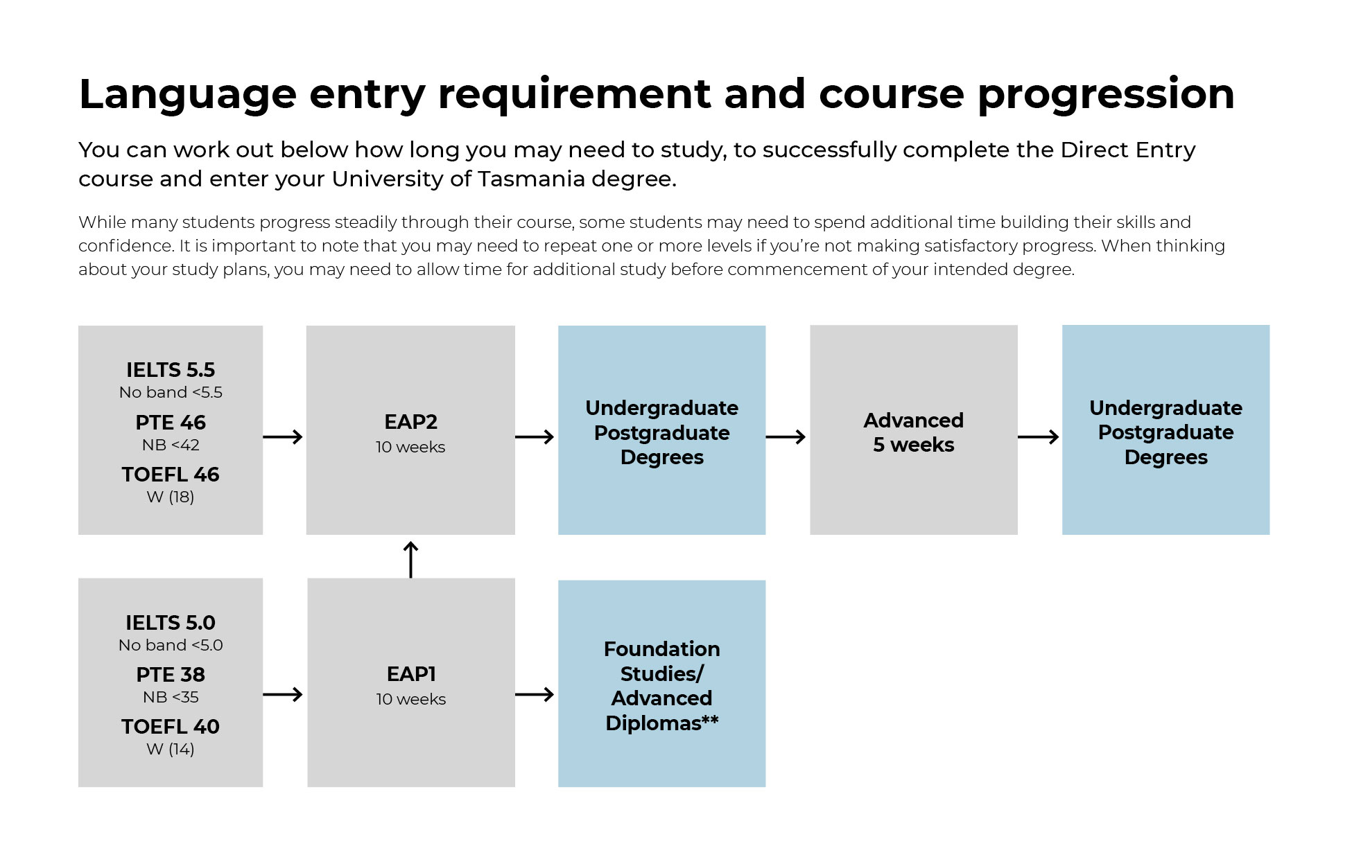 Language entry requirement and course progression flowchart