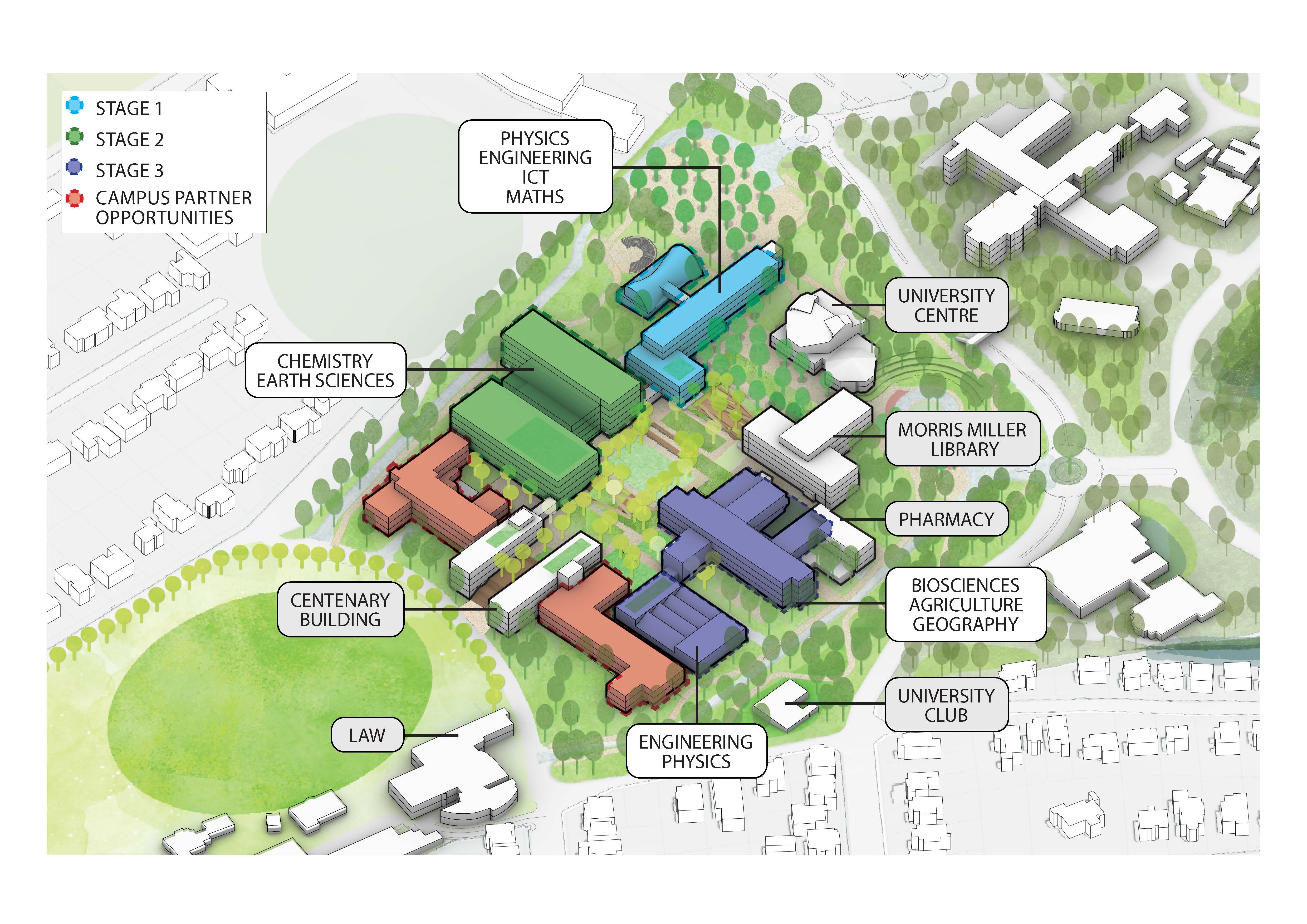 An image showing the high level concept of the STEM precinct including staging of the project.