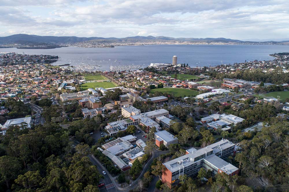 Aerial view of Sandy Bay campus and surrounding area,