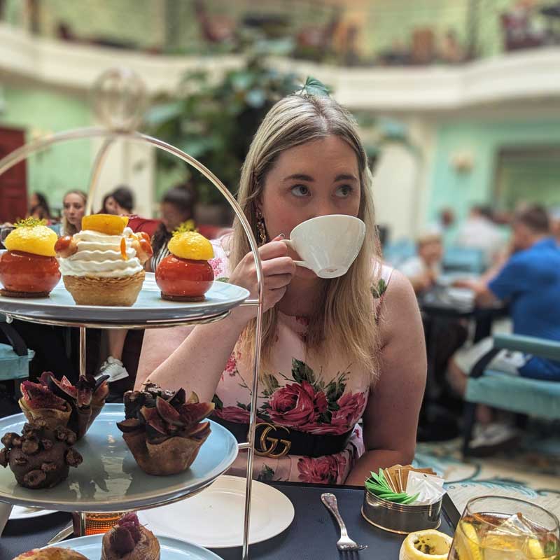 Sarah Geard enjoying high tea.