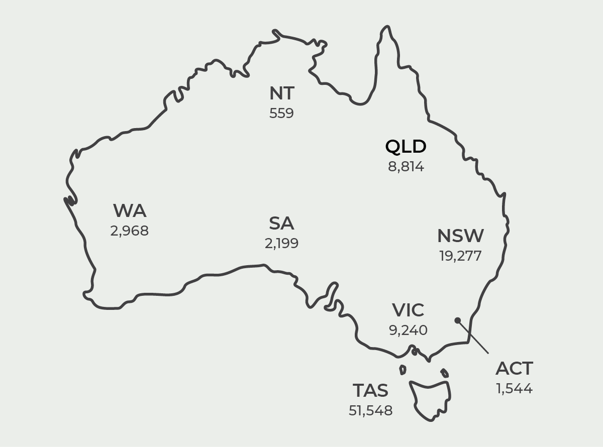 Australian map - Contactable alumni by Australian state/territory