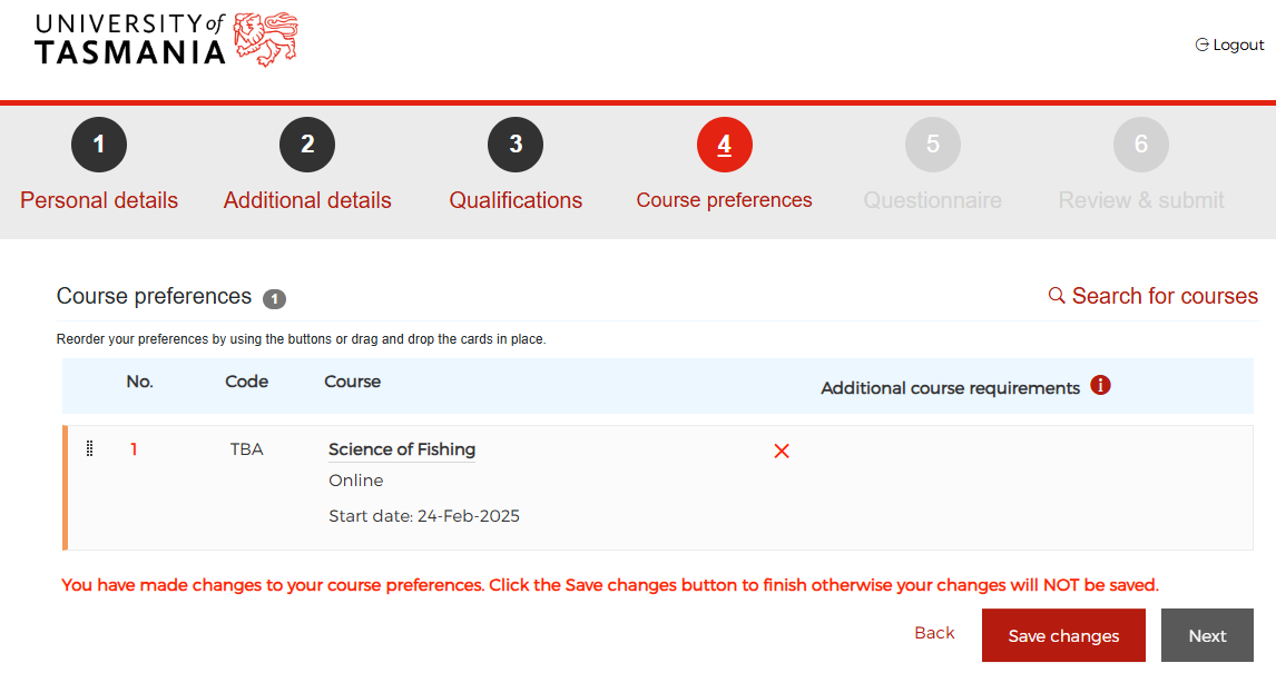 Course preference save